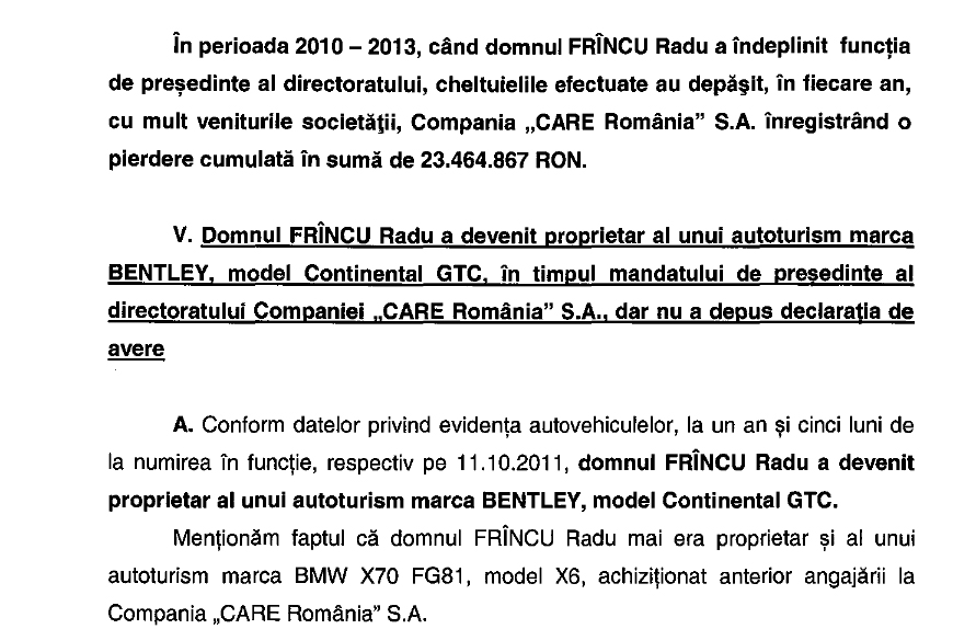 Prima dovada ca presedintele CARE a prosperat in perioada in care a detinut fraiele Companiei, cumparandu-si o masina de lux evaluata la aproape 250.000 de euro