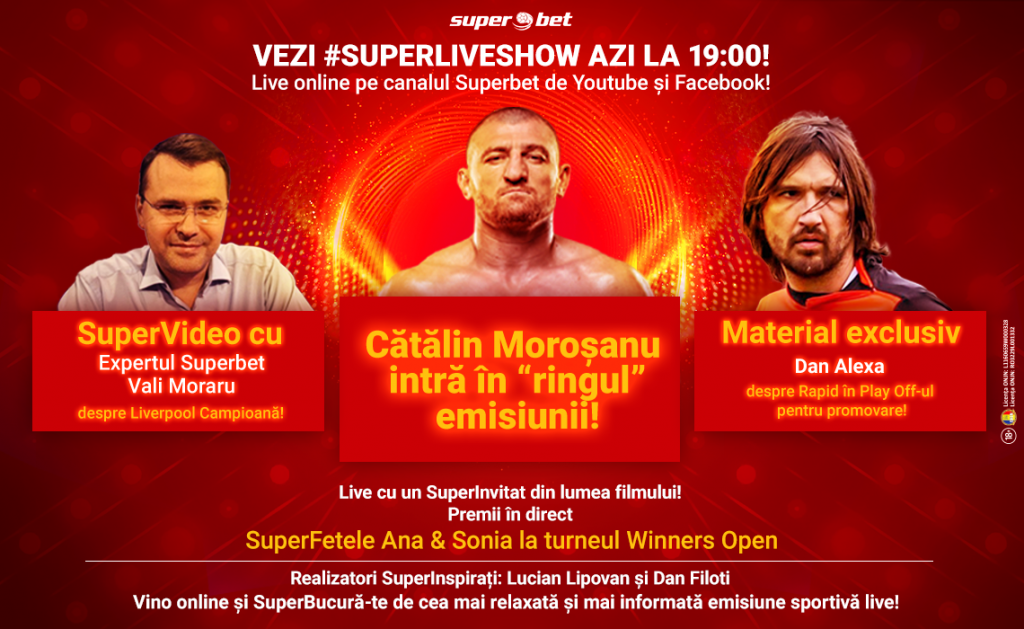 Cătălin Moroșanu și Codin Maticiuc sunt vedetele SuperLive Show-ului de azi. Vino online de la ora 19:00 și urmărește o SuperEmisiune sportivă marca Superbet