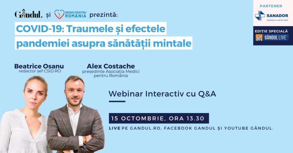 Află care sunt efectele statului în casă asupra psihicului și cum controlăm anxietatea pe timp de pandemie! Astăzi de la 13.30 în webinarul LIVE – Traumele și efectele pandemiei asupra sănătății mintale!