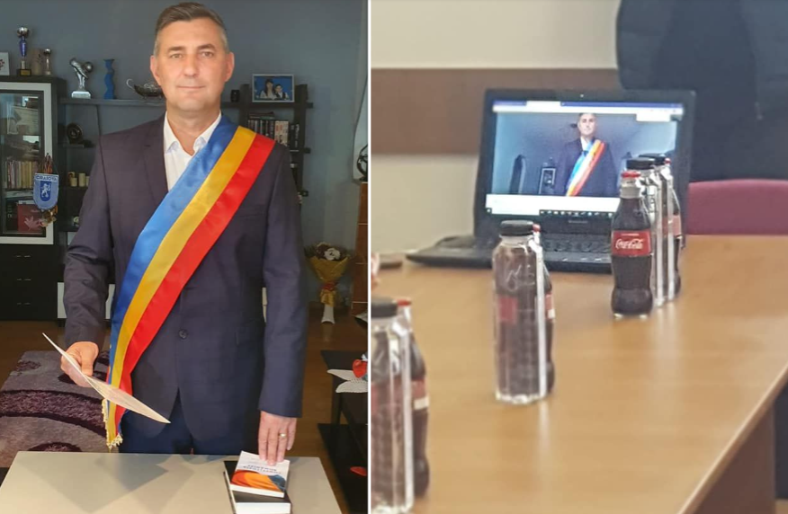 Primarul din Potcoava s-a imbrăcat elegant, și-a pus drapelul pe piept și a anunțat online că a fost testat pozitiv cu COVID-19 | VIDEO