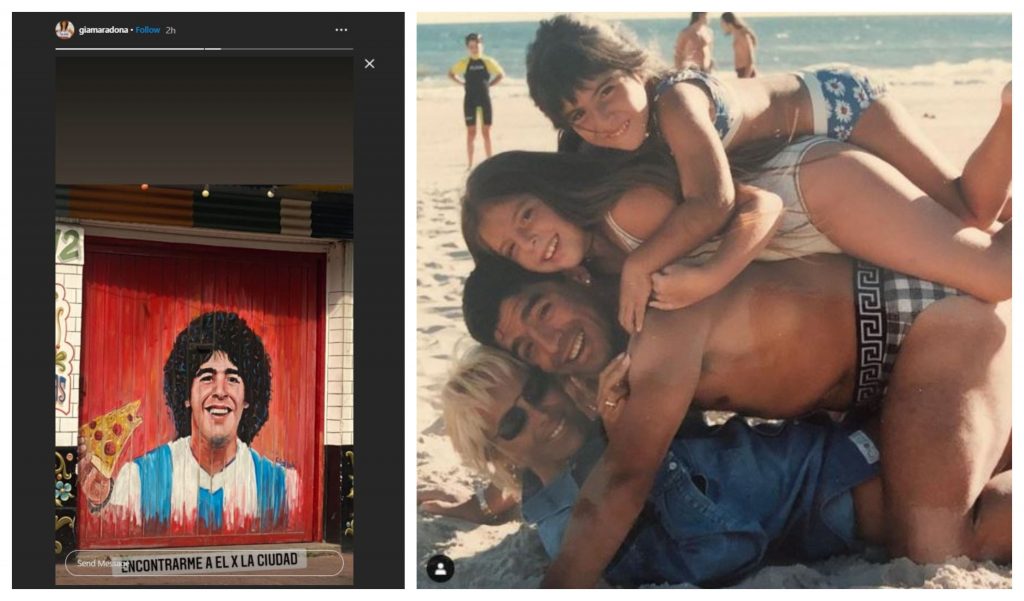 Postarea făcută de Giannina Maradona după ce a aflat de moartea tatălui ei (foto stânga). Poză de album cu Diego Maradona, alături de Claudia Villafane și cele două fiice pe care le-au avut împreună (foto dreapta) © Instagram Stories / Instagram 