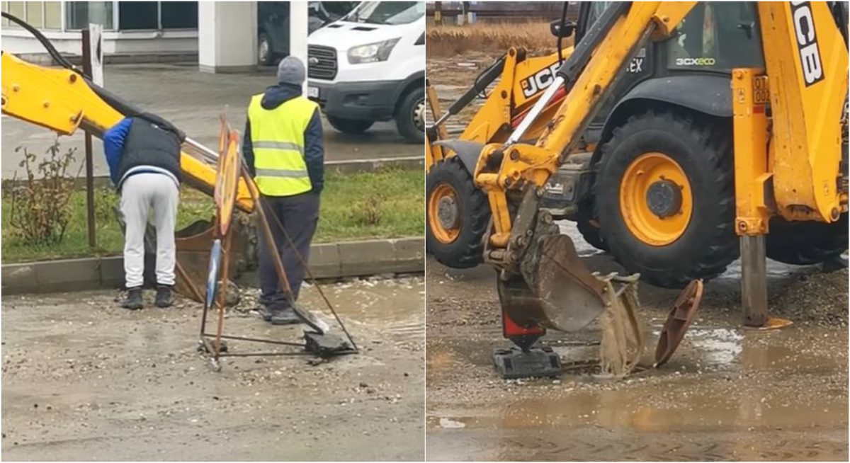 De-a râsu’-plânsu’! „Dorel” din Slatina încearcă să strângă apa cu o lopată, pe stradă, apoi să o răstoarne în cuva unui excavator