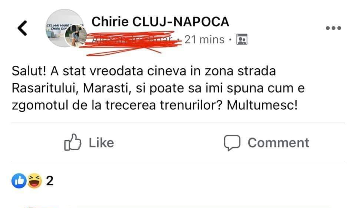 BANC | Chirie Cluj-Napoca: „A stat cineva în zona strada Răsăritului? Cum e zgomotul de la trecerea trenurilor?” Ce răspuns a primit