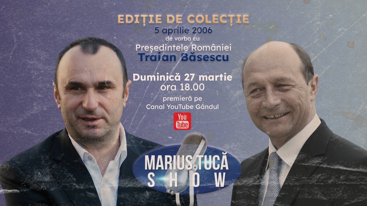 Marius Tucă Show începe duminică, 27 martie, de la ora 18.00. O ediție în reluare, din 2006, avându-l invitat pe Traian Băsescu, aflat la acea vreme, în timpul primului său mandat de președinte al României