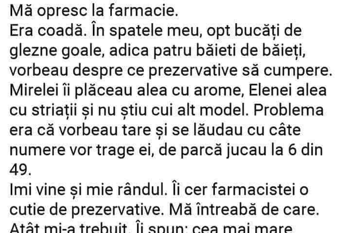 BANCUL ZILEI | Coadă la farmacie. 4 bărbați vor să cumpere prezervative