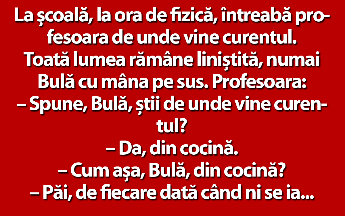 BANC | La școală, la ora de fizică, întreabă profesoara de unde vine curentul. „Din cocină”, răspunde Bulă