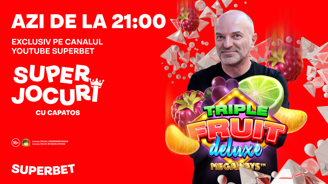 (P) Triple Fruit Deluxe Megaways se joacă exclusiv la Superbet și se vede diseară de la 21 la “Super Jocuri cu Capatos” pe Youtube Superbet