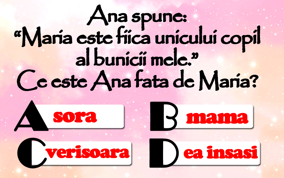 TEST IQ | Ana spune: „Maria e fiica unicului copil al bunicii mele”. Ce e Ana față de Maria?