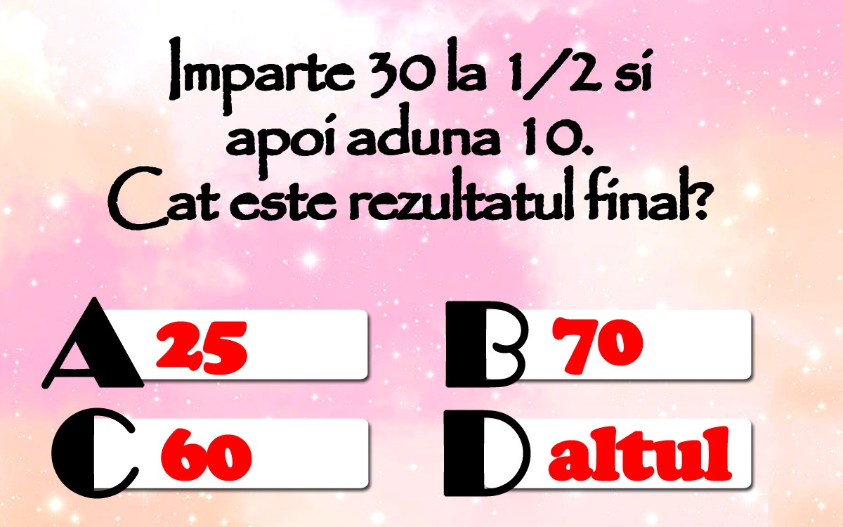 Testul de inteligență la care și geniile greșesc | Împarte 30 la 1/2 și apoi adună 10. Care e rezultatul final?