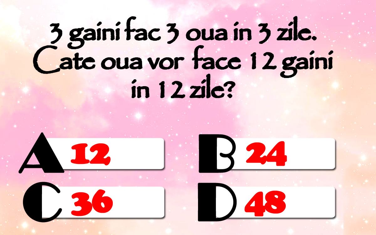 Testul IQ devenit viral | 3 găini fac 3 ouă în 3 zile. Câte ouă vor face 12 găini în 12 zile?