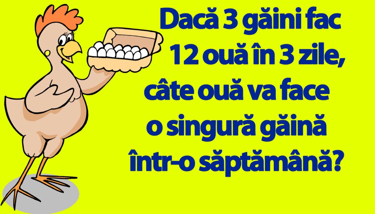 Test de logică | Dacă 3 găini fac 12 ouă în 3 zile, câte ouă va face o singură găină într-o săptămână?