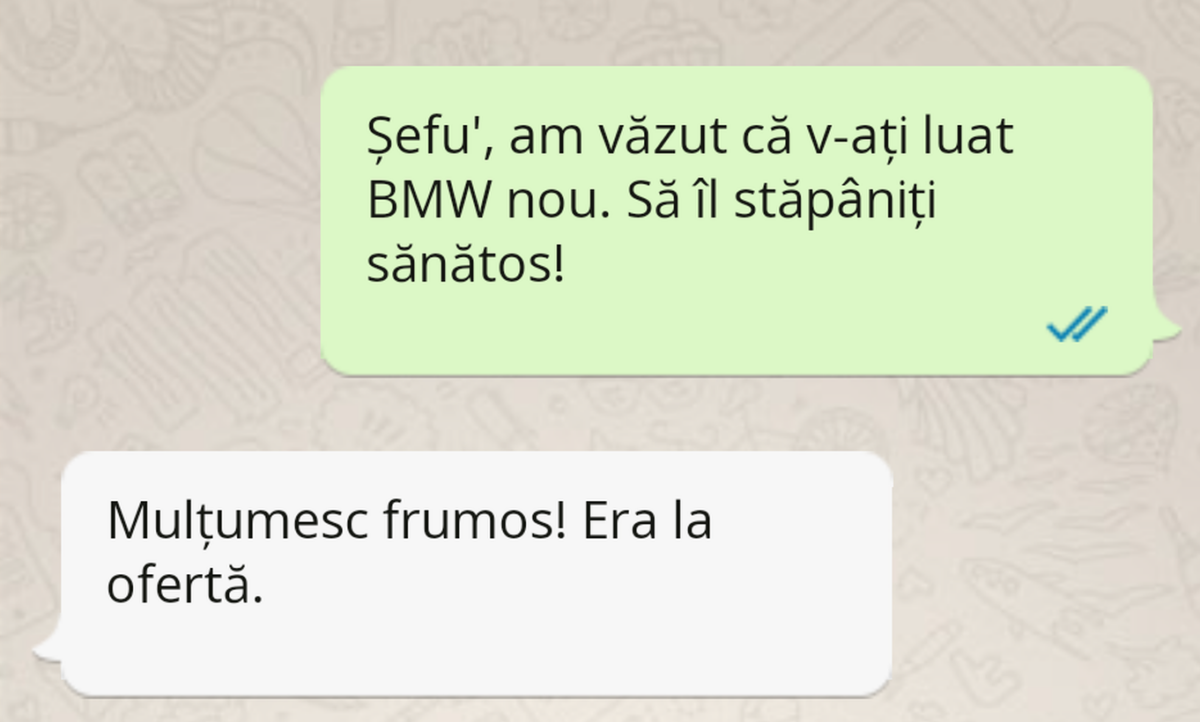 Bancul zilei. „Șefu’, am văzut că v-ați luat un BMW nou…”