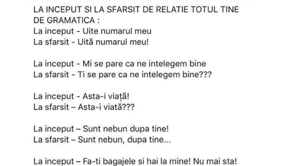 BANCUL ZILEI | La început și la sfârșit de relație, totul ține de gramatică!