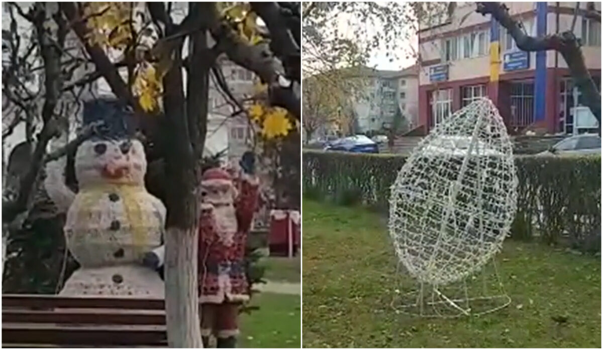 Un parc din Gorj a fost „îmbrăcat” în haine de sărbătoare, dar localnicii sunt derutați. Ce simboluri au apărut în spațiul verde