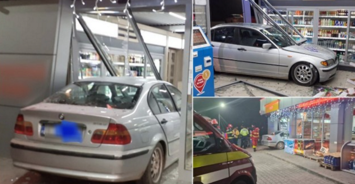 Angajații unui PECO din Vâlcea au trăit spaima vieții! Un șofer a intrat cu BMW-ul direct în benzinărie: „Erau beți, râdeau”