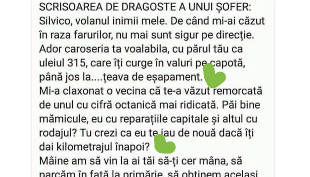 BANC | Scrisoarea de dragoste a unui șofer: „Silvico, volanul inimii mele..”