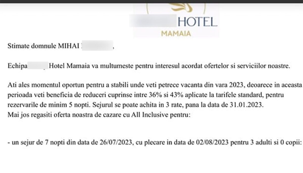 Mihai din Ploiești a solicitat o ofertă pentru un sejur în iulie 2023, într-un hotel din Mamaia. Ireal câți lei i s-au cerut pentru 7 nopți de cazare