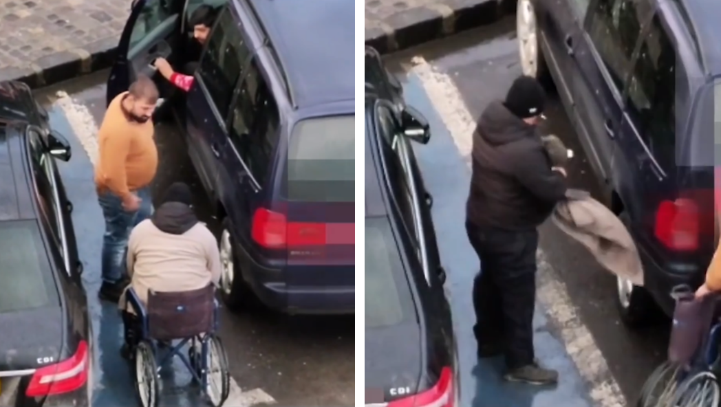 Un cerșetor în scaun rulant se ridică și urcă într-o mașină, la Brașov. Momentul a fost surprins de un polițist. VIDEO