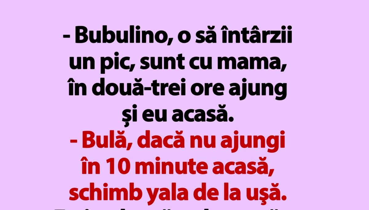 BANC | „Bulă, dacă nu ajungi în 10 minute acasă, schimb yala de la uşă”