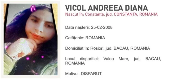 Vicol Andreea Diana, o fată de 15 ani din Bacău, a dispărut fără urmă. Cine o vede, este rugat să sune la 112!