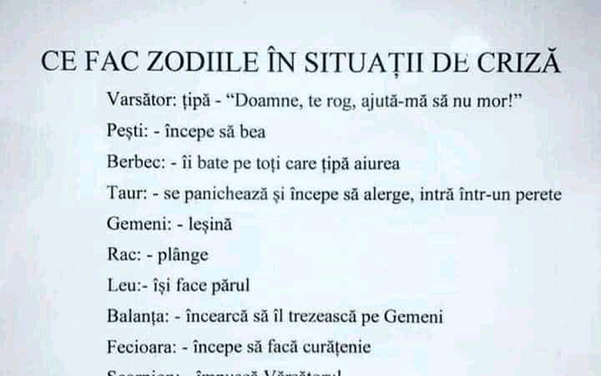 Bancul sfârșitul de săptămână | Ce fac cele 12 zodii în situații de criză