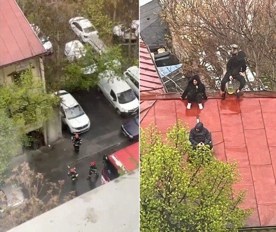Trei persoane s-au urcat pe acoperișul unei clădiri din București și amenință că își dau foc. Echipajele ISU intervin la fața locului