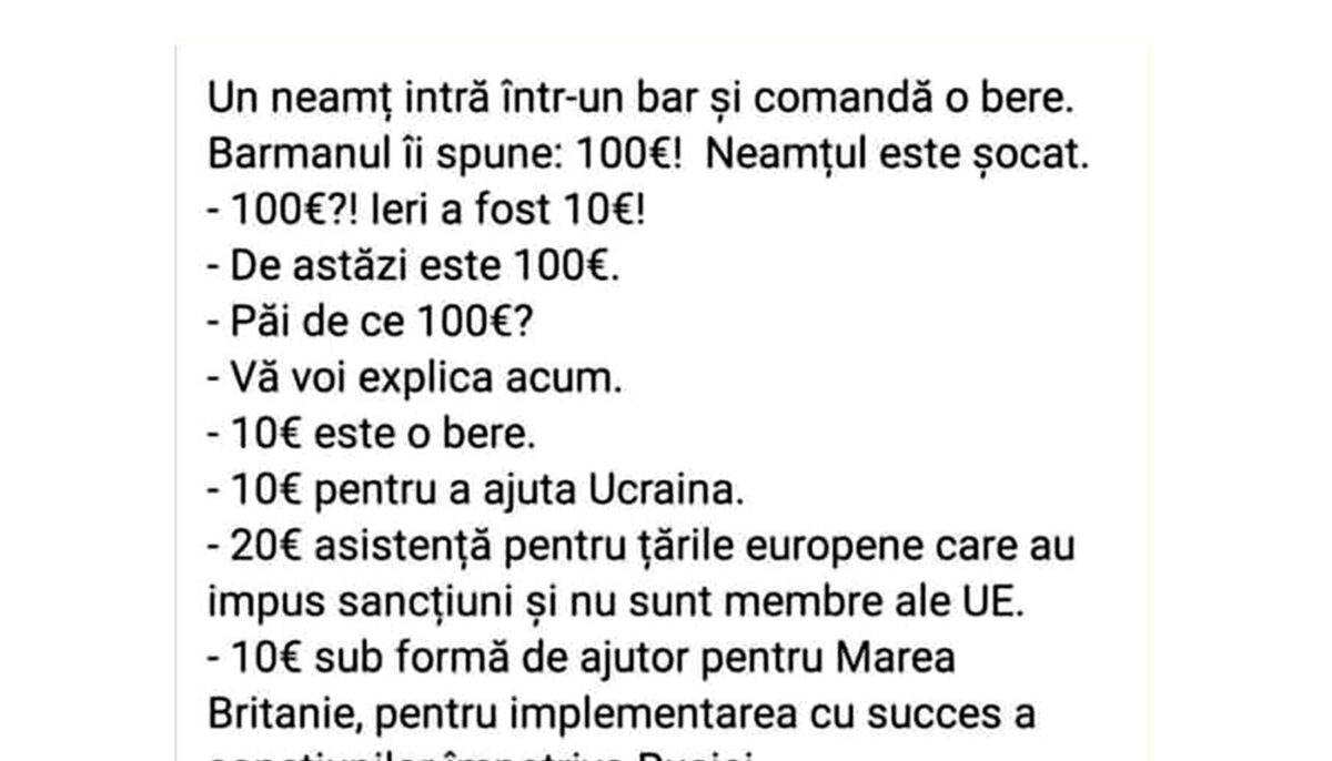 BANC | Un neamț intră în bar și comandă o bere: „Costă 100 de euro!”