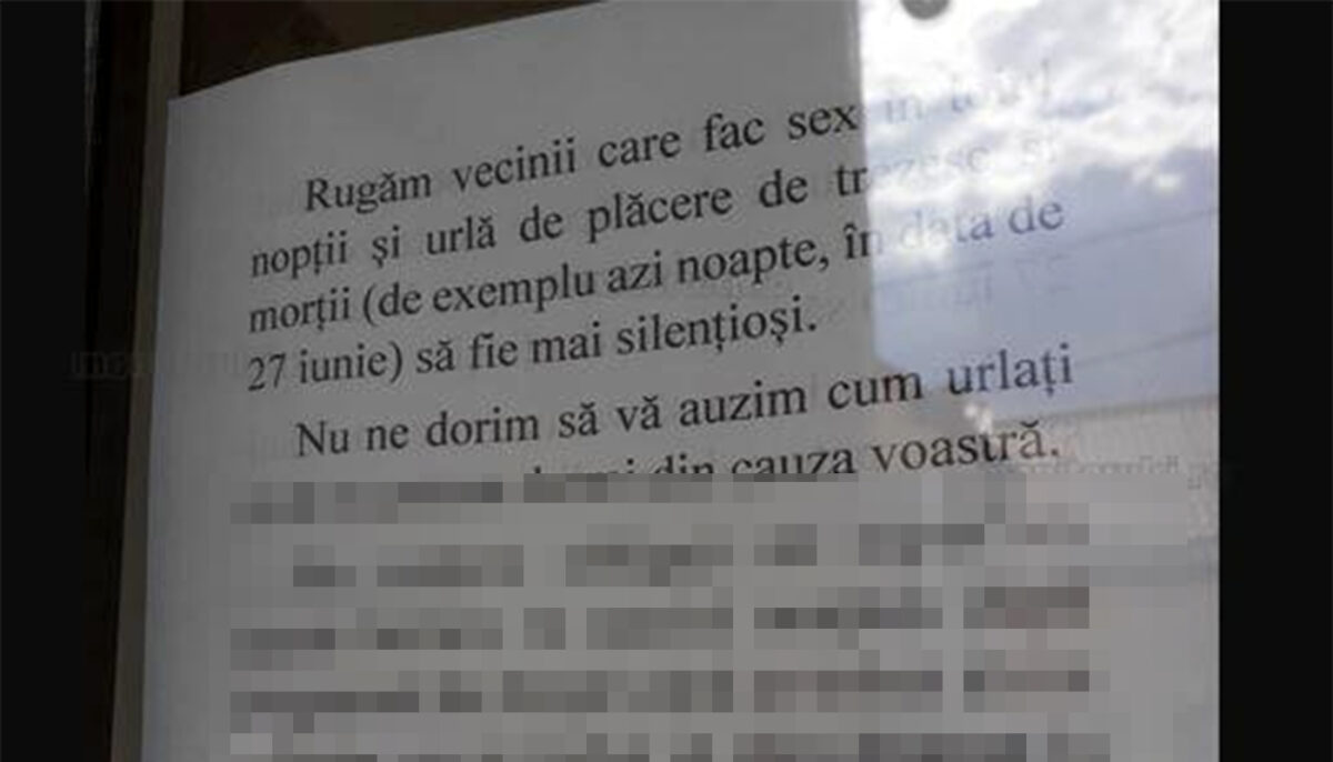 Ce afiș au lipit locatarii unui bloc din Cluj-Napoca, la intrarea în casa scării: „Rugăm vecinii care urlă de plăcere să..”