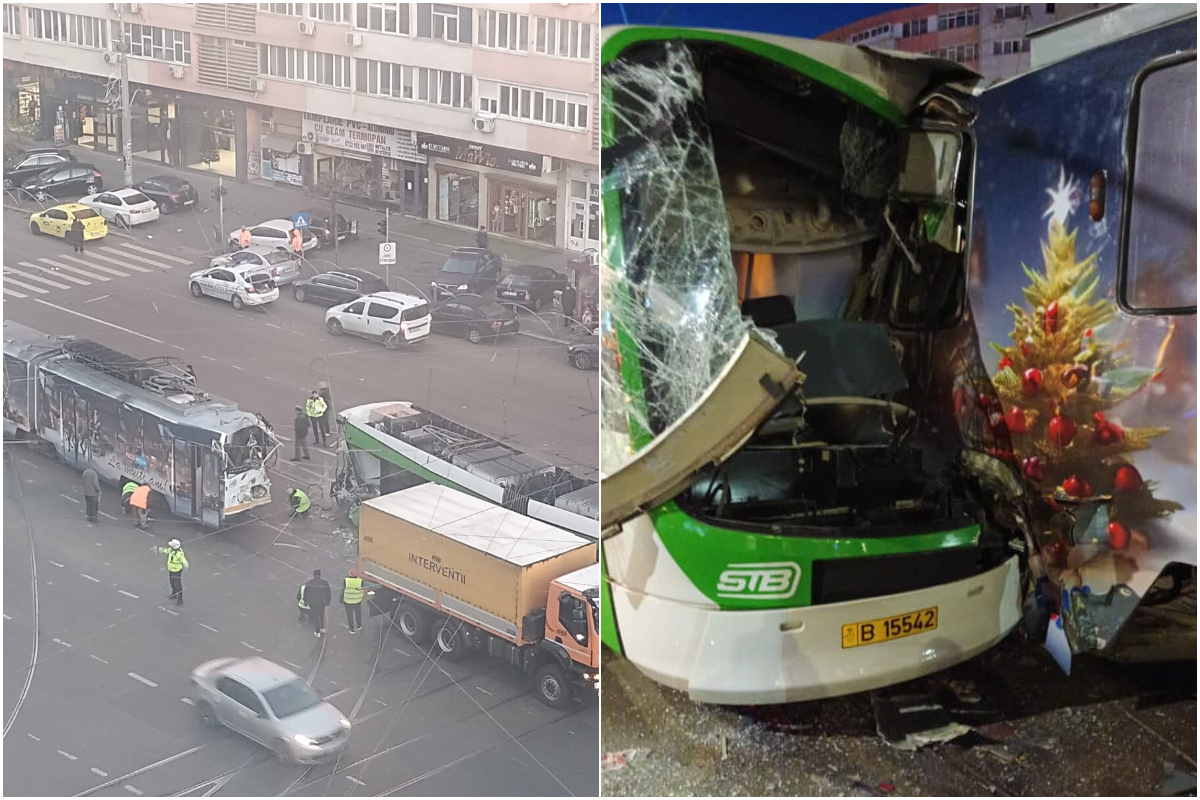 Două tramvaie s-au ciocnit puternic, în București. Trei persoane au fost transportate la spital