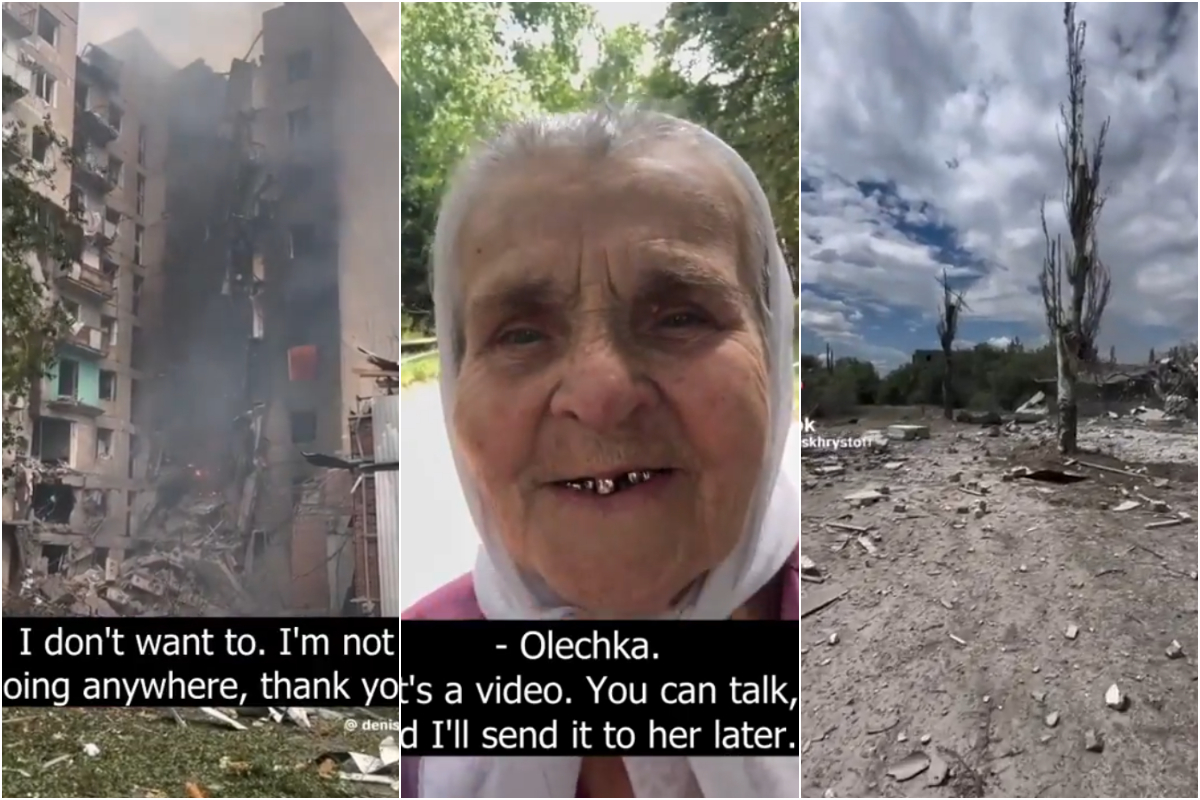 Dialogul emoționant dintre o bătrânică și un soldat ucrainean în Donețk, regiunea bombardată de ruși. Femeia a refuzat vehement să plece dintr-un oraș transformat în ruine
