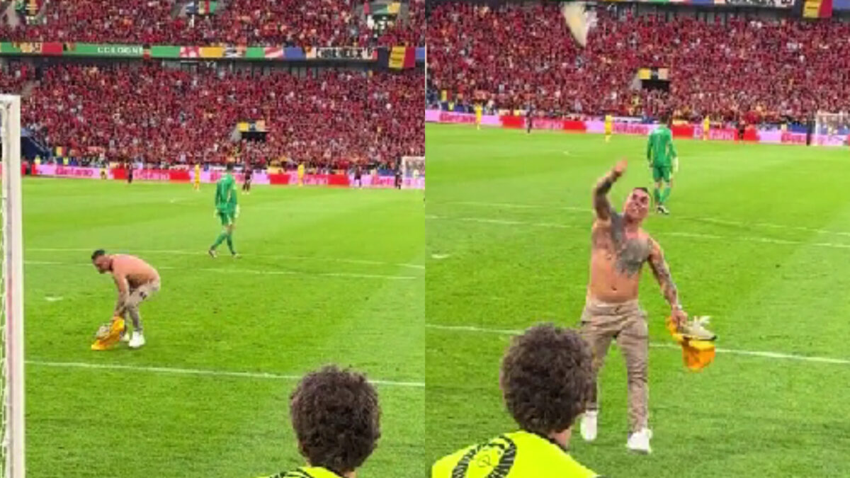 Ce a făcut un spectator român, în pielea goală, după ce a intrat în teren: „Ia, bă, adidasu”. Imagini virale de la meciul României!