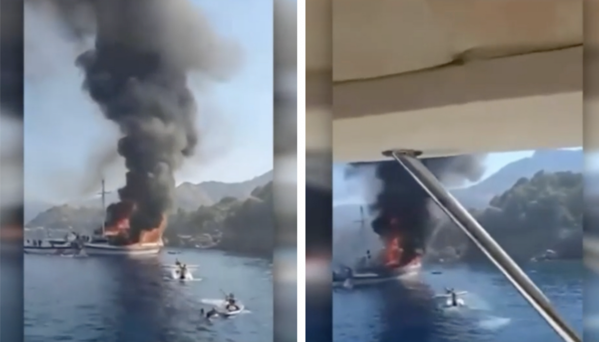 Imagini șocante pe o mare din Turcia. Un iaht cu 110 turiști a luat foc, oamenii au sărit îngroziți în apă