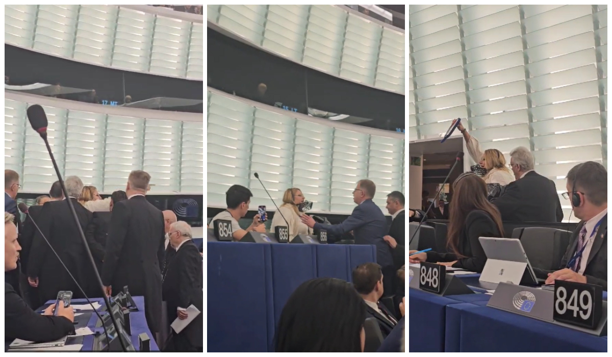 Diana Șoșoacă a făcut circ în Parlamentul European! A fost scoasă cu forța din sală, după ce și-a pus botniță. VIDEO ULUITOR