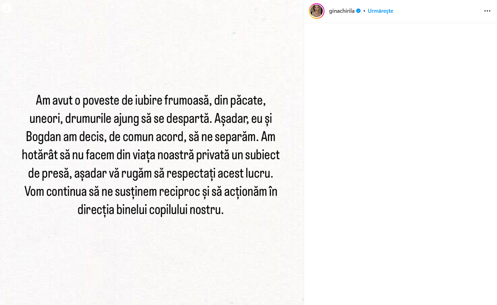 Mesajul postat de Gina Chirilă/ Sursa foto: Instagram