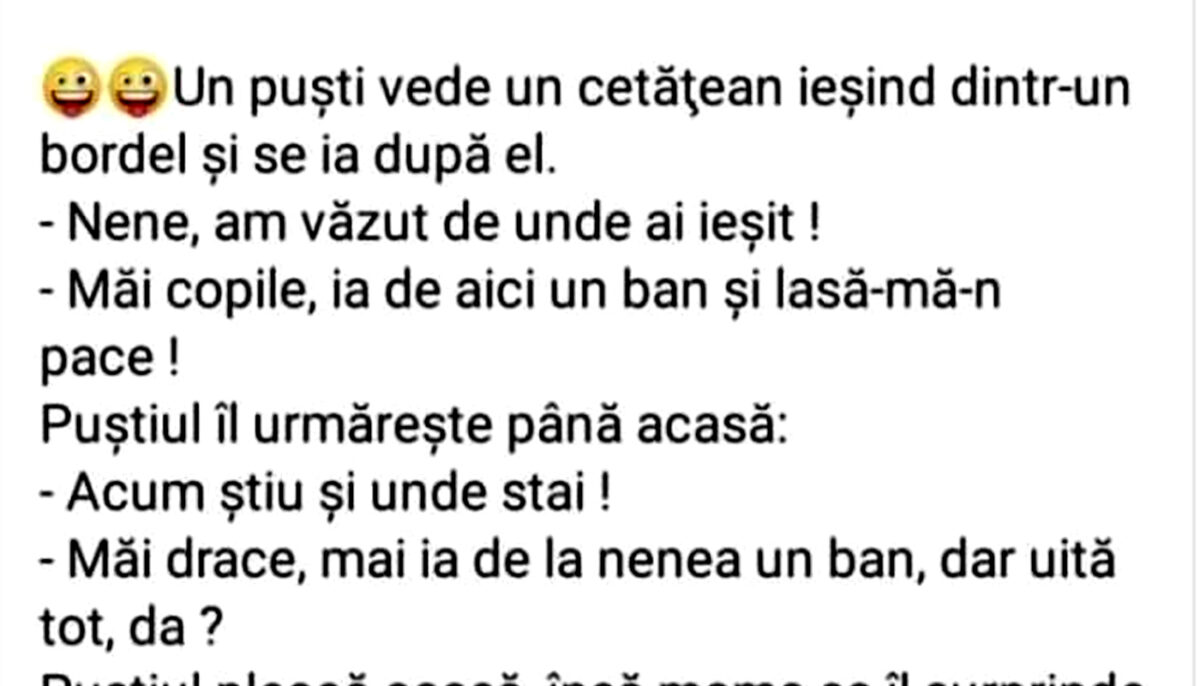 BANCUL ZILEI | Un puști vede un bărbat ieșind dintr-un bordel